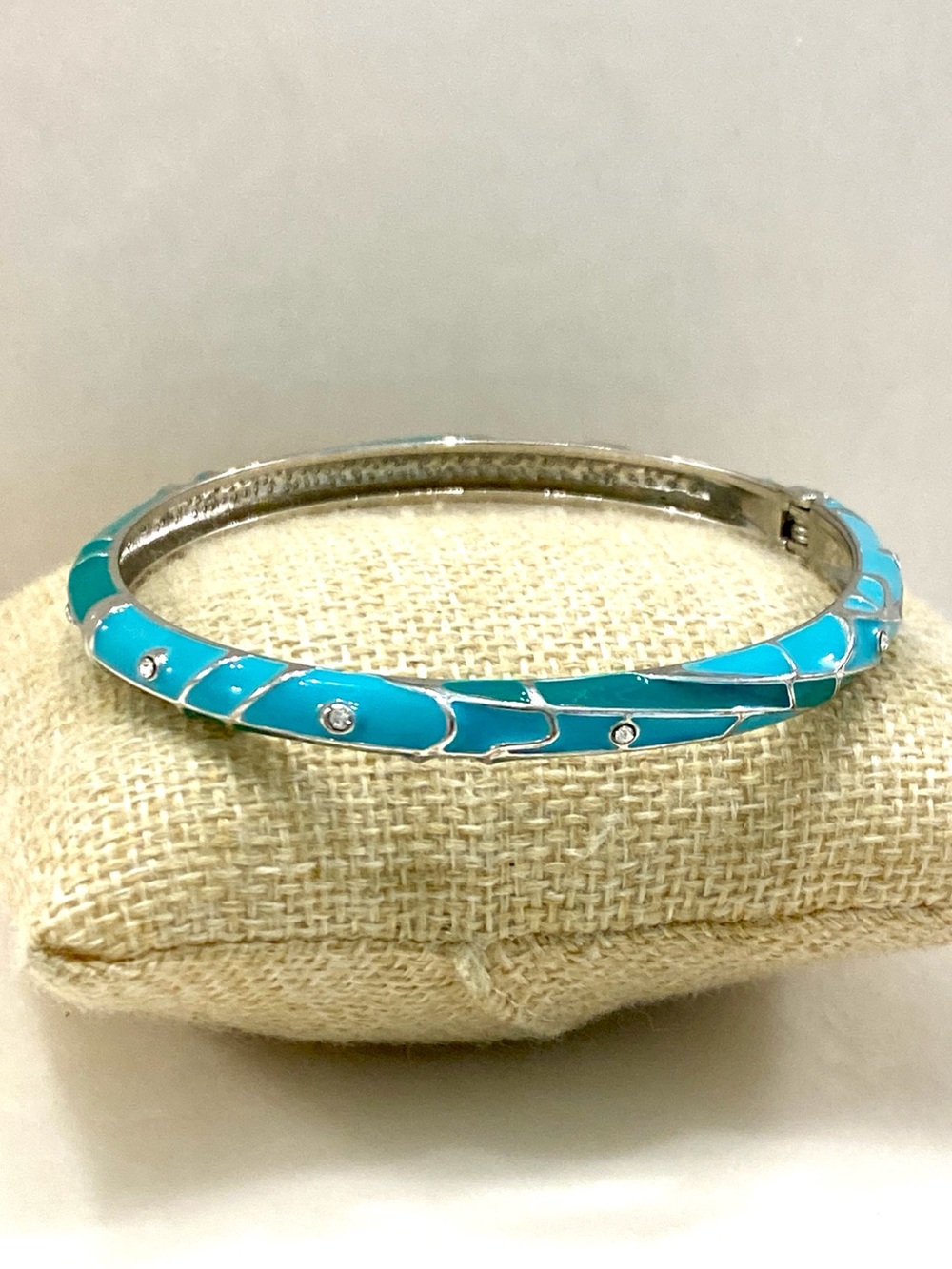 Vintage Teal Blue Enamel Mosaic Hinged Bangle Bracelet Silver Tone Rhinestone